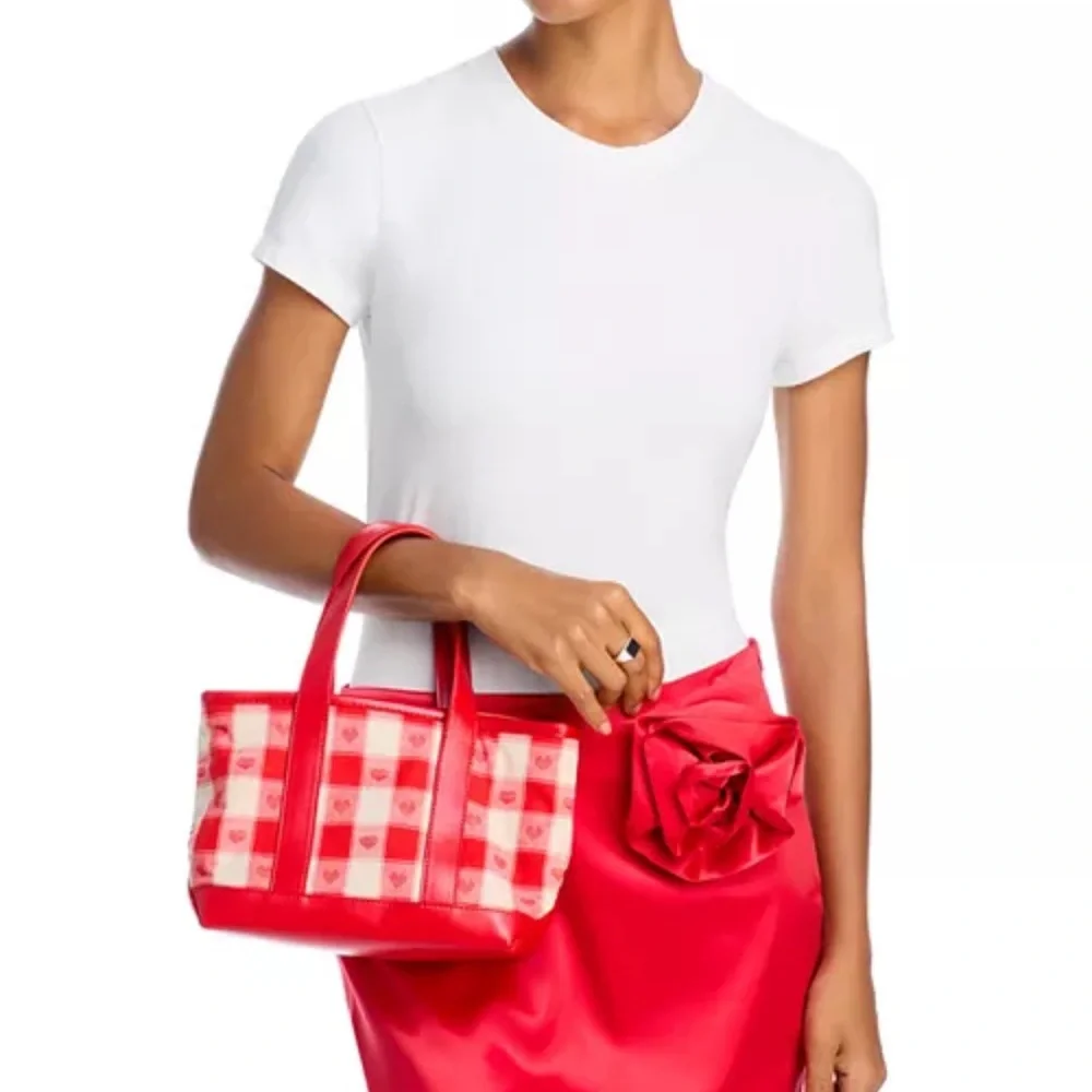 Stoney Clover Lane Red Gingham‎ Mini Tote Bag Heart Jacquard